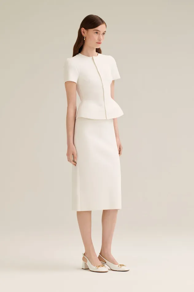 CREPE KNIT SHORT SLEEVE PEPLUM JACKET WHITE Jackets Scanlan Theodore Women CREPE KNIT SHORT SLEEVE PEPLUM JACKET WHITE Jackets Scanlan Theodore Women