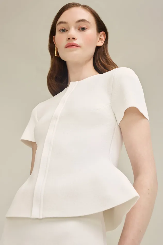 CREPE KNIT SHORT SLEEVE PEPLUM JACKET WHITE Jackets Scanlan Theodore Women CREPE KNIT SHORT SLEEVE PEPLUM JACKET WHITE Jackets Scanlan Theodore Women