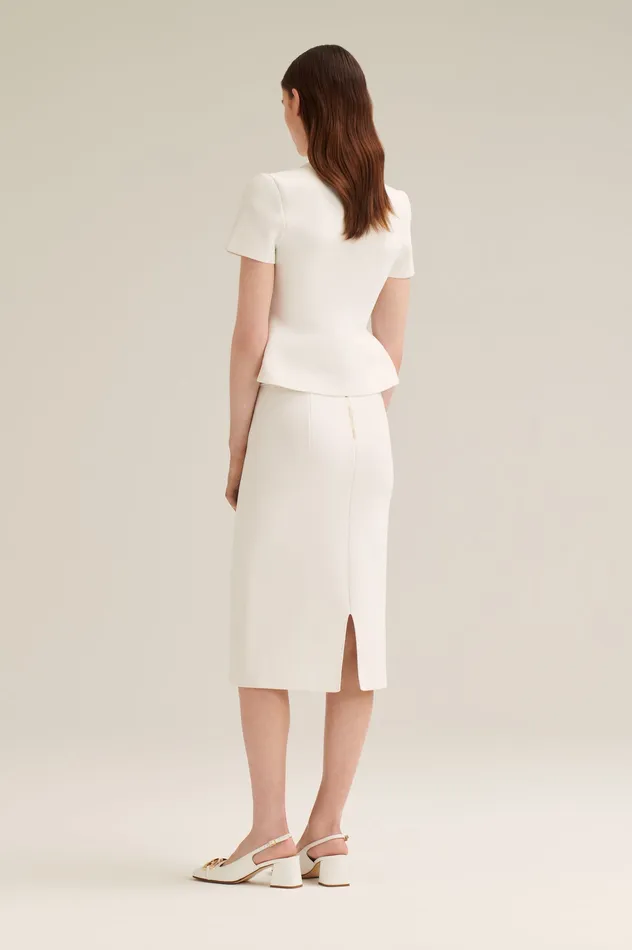 CREPE KNIT SHORT SLEEVE PEPLUM JACKET WHITE Jackets Scanlan Theodore Women CREPE KNIT SHORT SLEEVE PEPLUM JACKET WHITE Jackets Scanlan Theodore Women