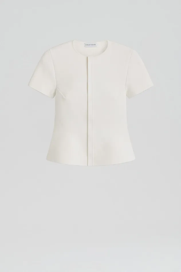 CREPE KNIT SHORT SLEEVE PEPLUM JACKET WHITE Jackets Scanlan Theodore Women CREPE KNIT SHORT SLEEVE PEPLUM JACKET WHITE Jackets Scanlan Theodore Women