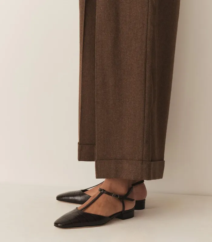 DEN Cristina TStrap Flat Brown Faux Croc Women Shoes