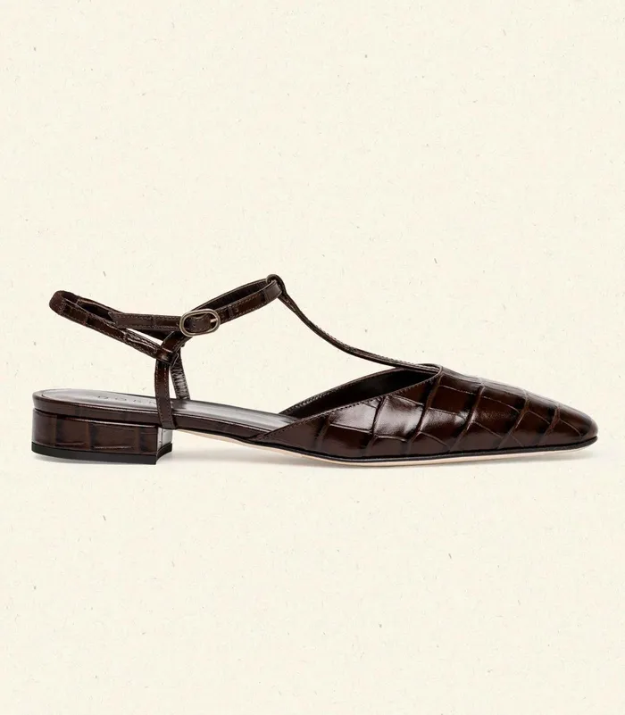 DEN Cristina TStrap Flat Brown Faux Croc Women Shoes DEN Cristina TStrap Flat Brown Faux Croc Women Shoes