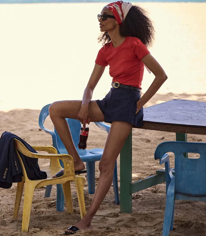 DEN Yvaine Short Navy Pinstripe Women Pants and Shorts