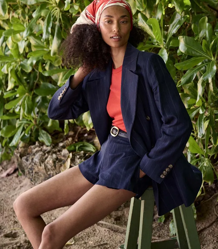 DEN Yvaine Short Navy Pinstripe Women Pants and Shorts