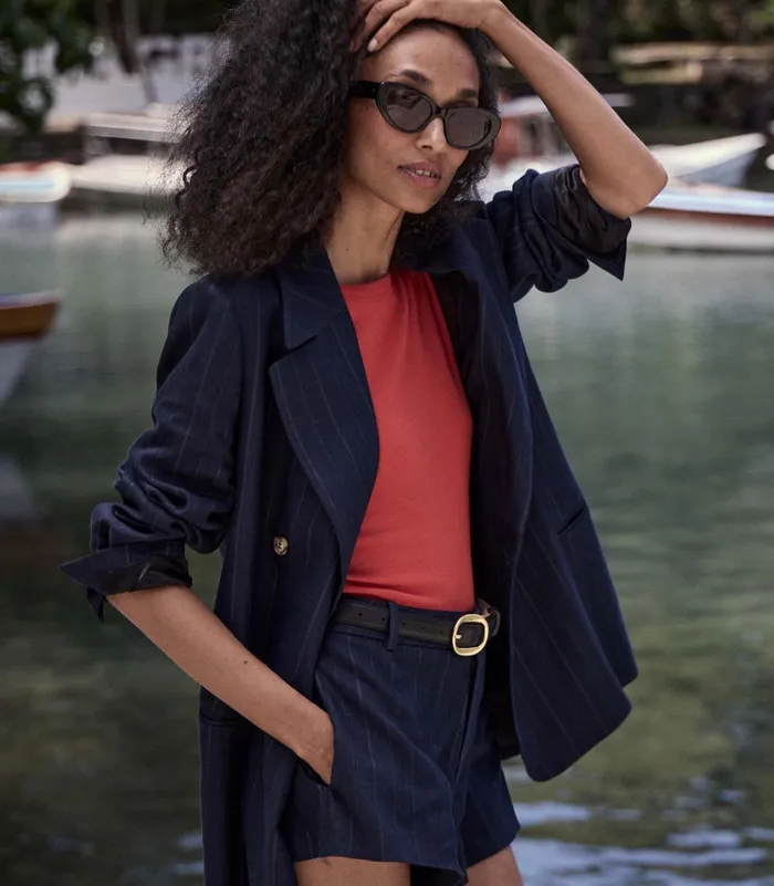 DEN Yvaine Short Navy Pinstripe Women Pants and Shorts
