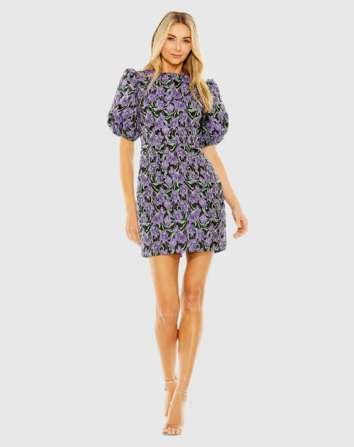 Daytime Dresses Bubble Sleeve Brocade Mini Dress Purple Multi 8211 Mac Duggal Women