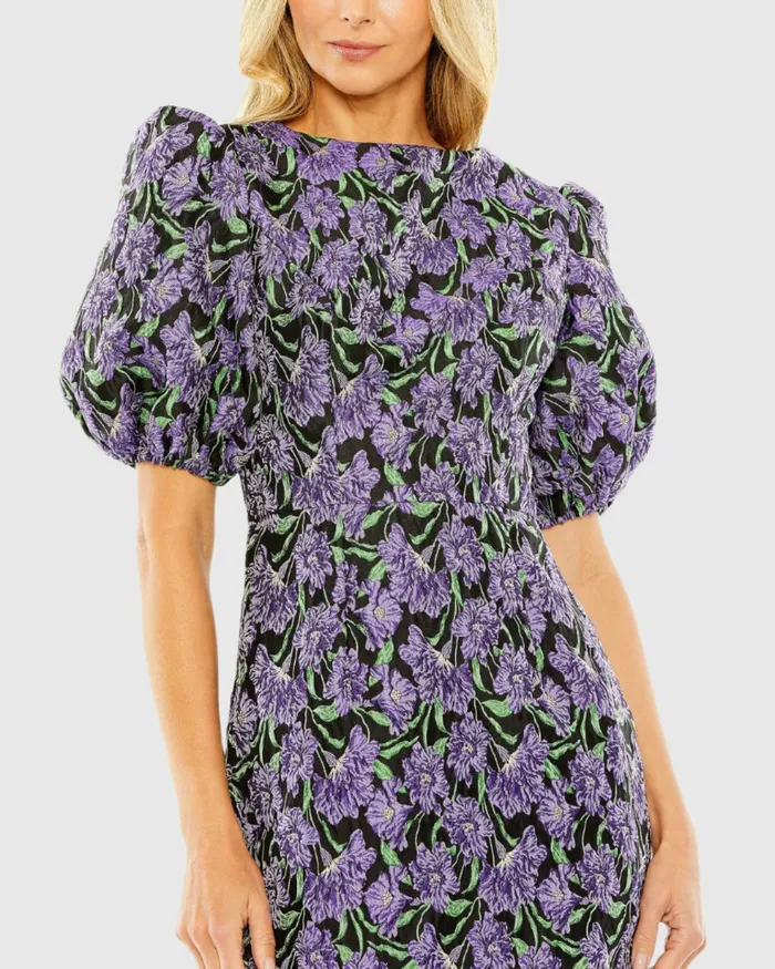 Daytime Dresses Bubble Sleeve Brocade Mini Dress Purple Multi 8211 Mac Duggal Women
