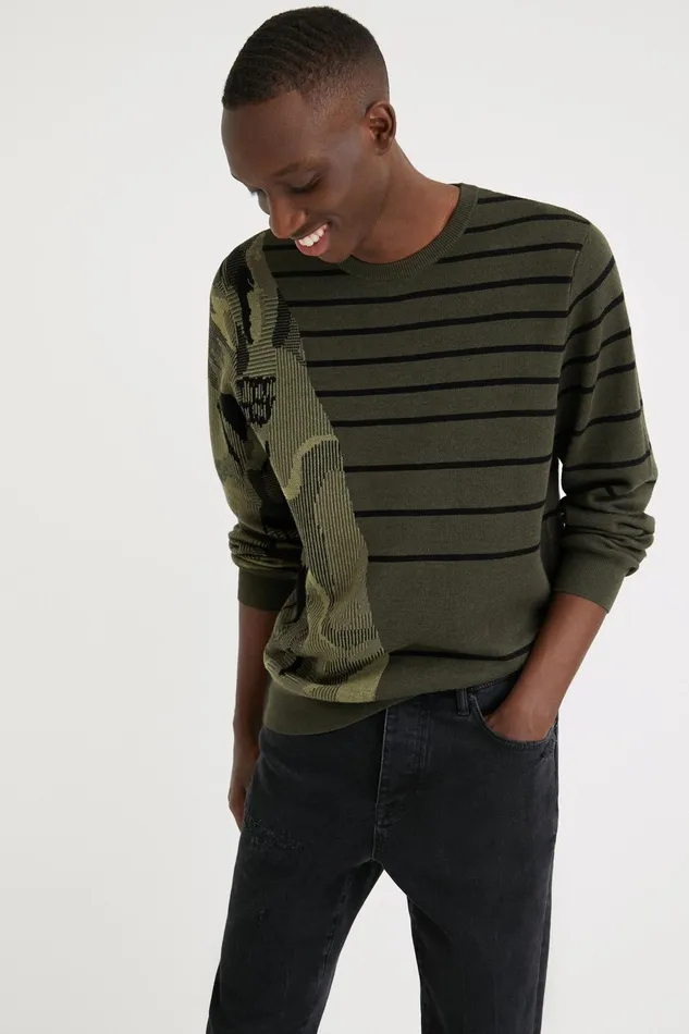 Desigual Striped Jacquard Camo Jumper Mens Sweaters and Sweatshirts
