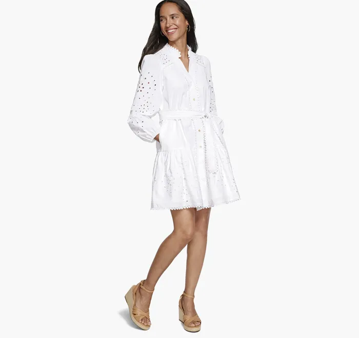 Dresses and Pants Women Johnston and Murphy ButtonFront Eyelet Dress White