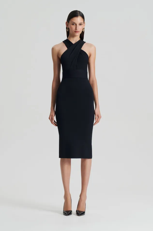 Dresses CREPE KNIT WRAP NECK DRESS BLACK Scanlan Theodore Women