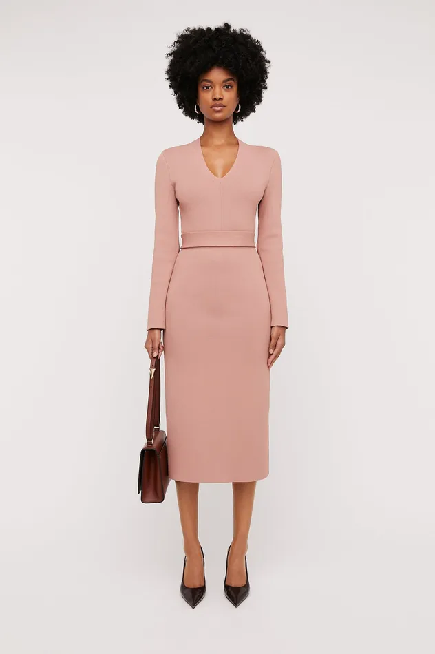 Dresses Scanlan Theodore Women CREPE KNIT LONG SLEEVE V NECK DRESS POWDER