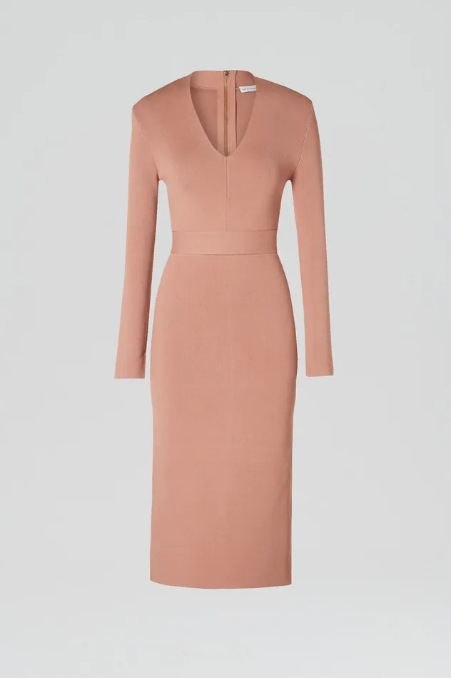Dresses Scanlan Theodore Women CREPE KNIT LONG SLEEVE V NECK DRESS POWDER