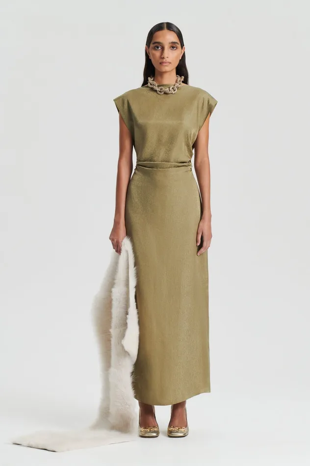 Dresses Scanlan Theodore Women SILK JACQUARD DRESS OLIVE
