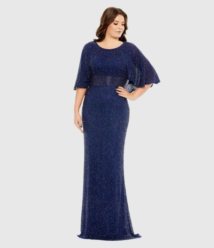 Embellished Cape Sleeve Dress Midnight Women Plus Size Dresses Mac Duggal