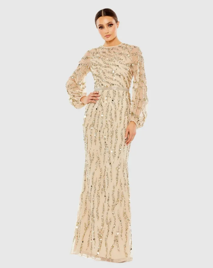 Evening Gowns Women Mac Duggal Embellished High Neck Puff Sleeve Trumpet Gown Nude Gold