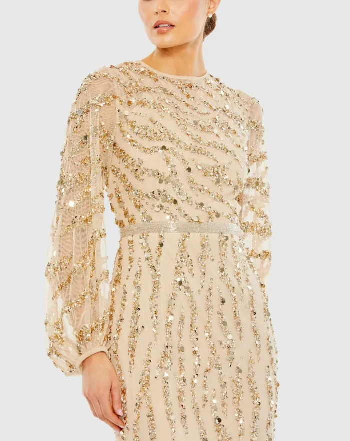 Evening Gowns Women Mac Duggal Embellished High Neck Puff Sleeve Trumpet Gown Nude Gold Evening Gowns Women Mac Duggal Embellished High Neck Puff Sleeve Trumpet Gown Nude Gold
