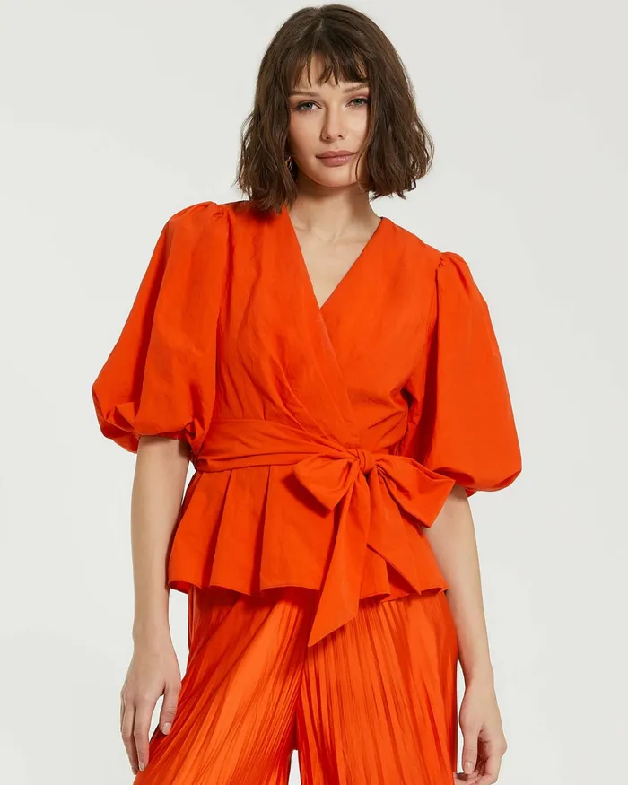 Faille Wrap Over Balloon Sleeve Blouse 8211 FINAL SALE Sunset Blouses and Tops Mac Duggal Women