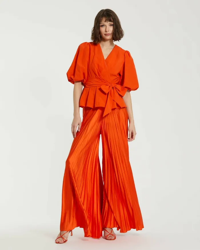 Faille Wrap Over Balloon Sleeve Blouse 8211 FINAL SALE Sunset Blouses and Tops Mac Duggal Women