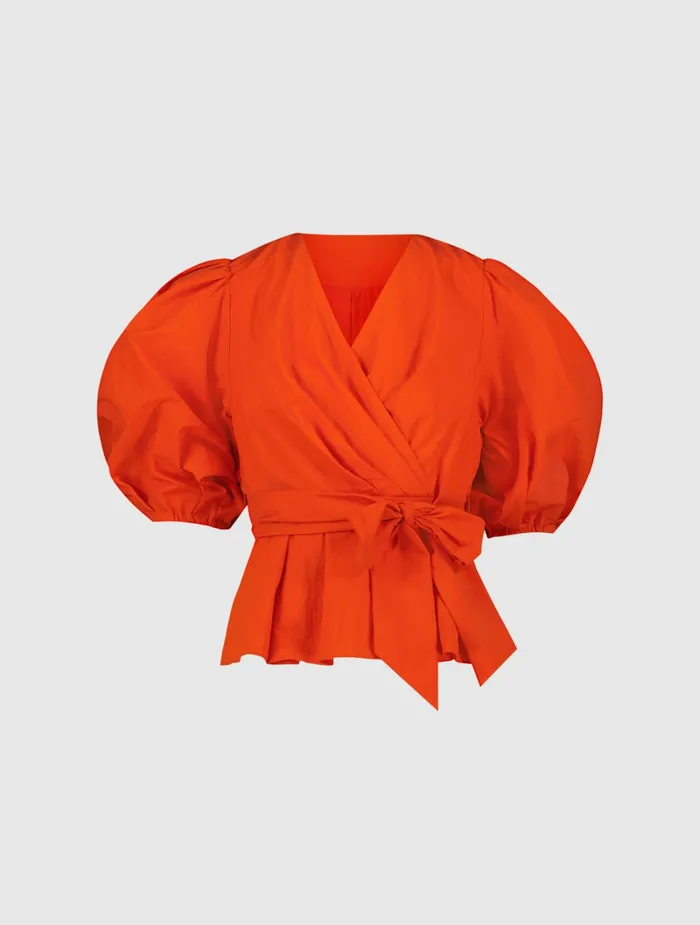 Faille Wrap Over Balloon Sleeve Blouse 8211 FINAL SALE Sunset Blouses and Tops Mac Duggal Women