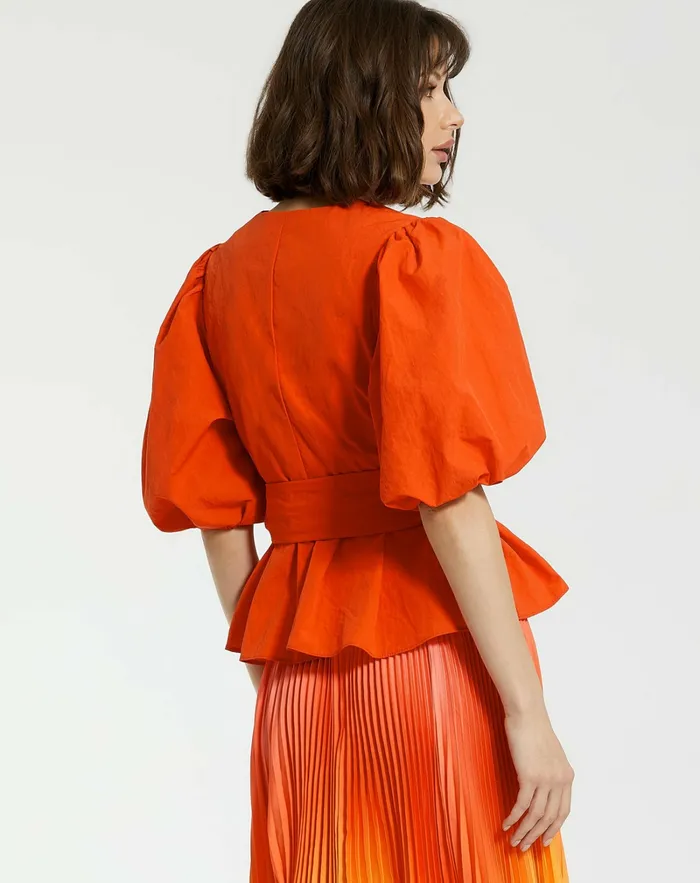 Faille Wrap Over Balloon Sleeve Blouse 8211 FINAL SALE Sunset Blouses and Tops Mac Duggal Women