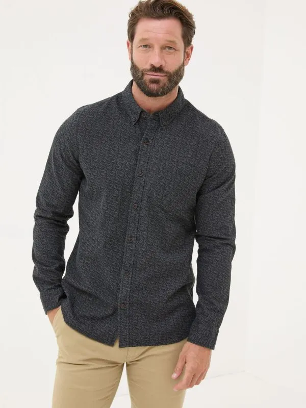 Fat Face Tall Collection Men Dark Grey Long Sleeve Leaf Print 100 Cotton Shirt