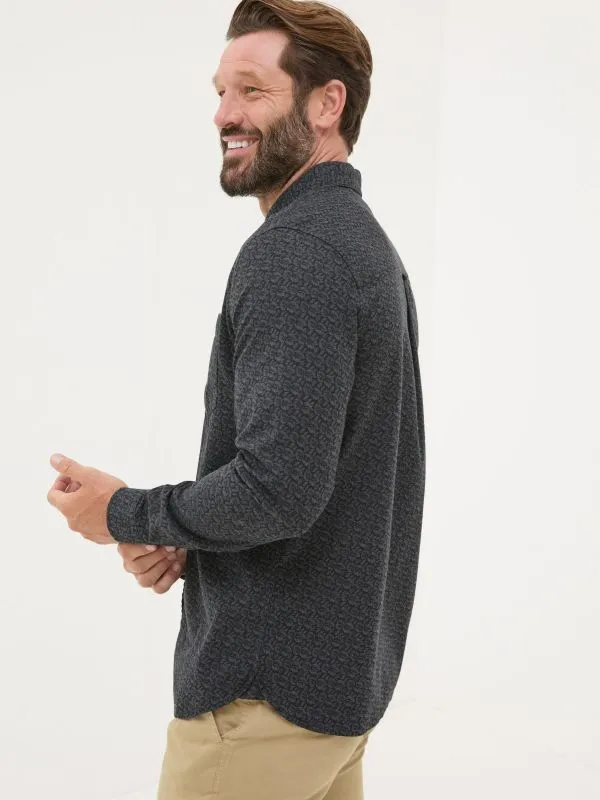 Fat Face Tall Collection Men Dark Grey Long Sleeve Leaf Print 100 Cotton Shirt