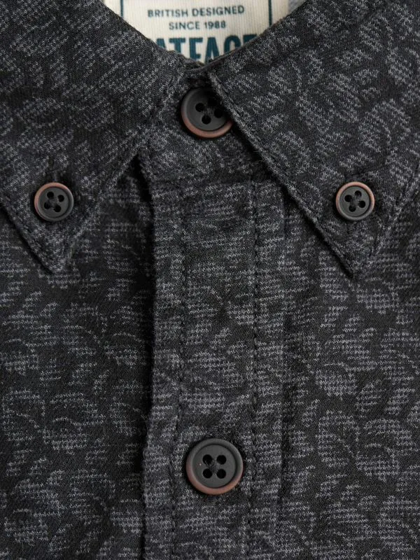 Fat Face Tall Collection Men Dark Grey Long Sleeve Leaf Print 100 Cotton Shirt
