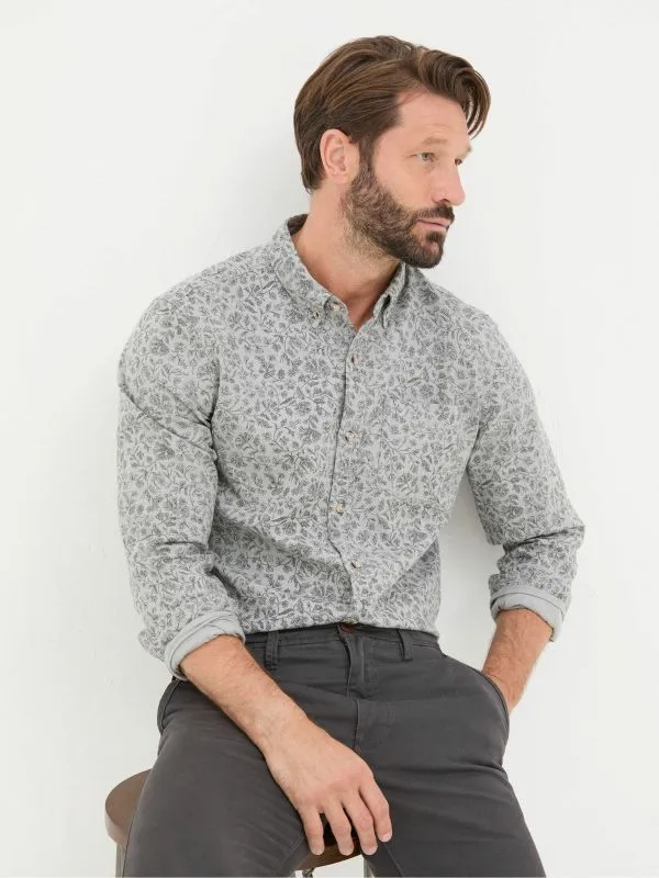Fat Face Tall Collection Men Grey Long Sleeve Sketch Floral Print Shirt