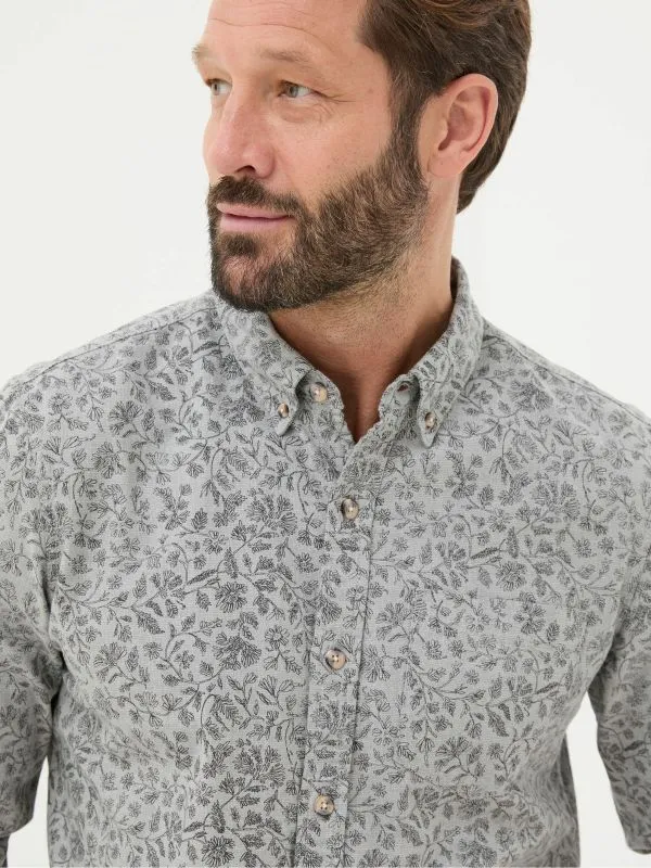 Fat Face Tall Collection Men Grey Long Sleeve Sketch Floral Print Shirt