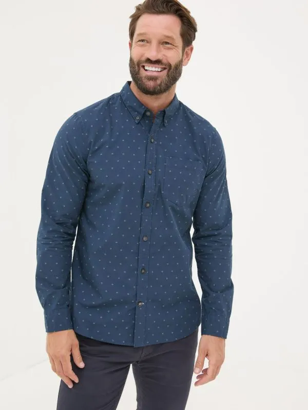 Fat Face Tall Collection Men Navy Long Sleeve Dobby 100 Cotton Shirt