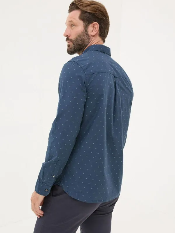 Fat Face Tall Collection Men Navy Long Sleeve Dobby 100 Cotton Shirt