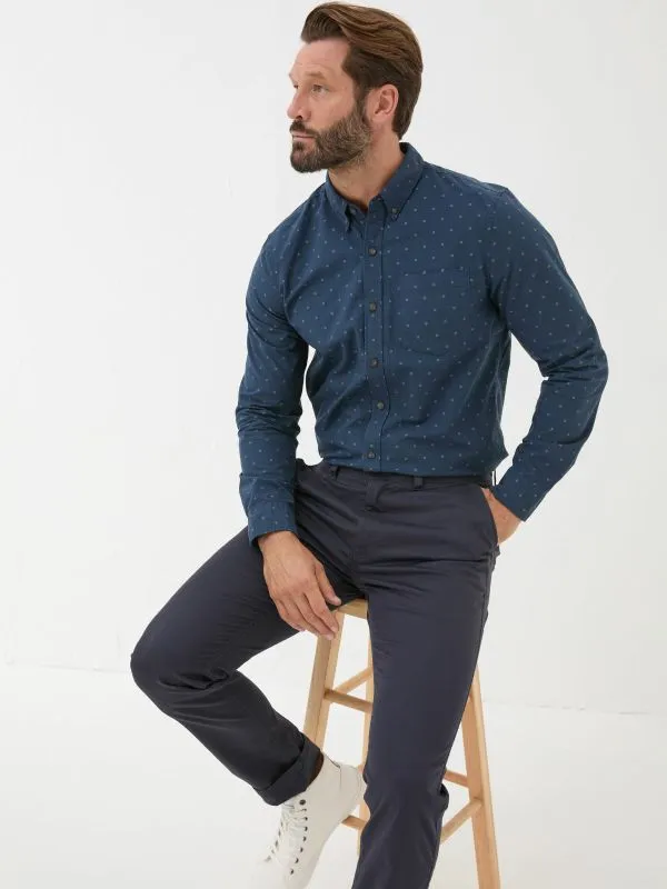 Fat Face Tall Collection Men Navy Long Sleeve Dobby 100 Cotton Shirt