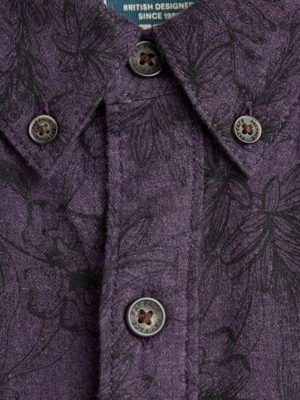 Fat Face Tall Collection Men Purple Long Sleeve Floral Print 100 Cotton Shirt