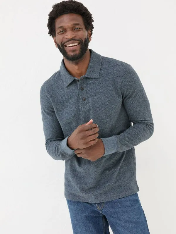 Fat Face Wardrobe Staples Men Navy Herringbone Long Sleeve Polo Shirt