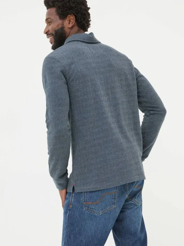 Fat Face Wardrobe Staples Men Navy Herringbone Long Sleeve Polo Shirt