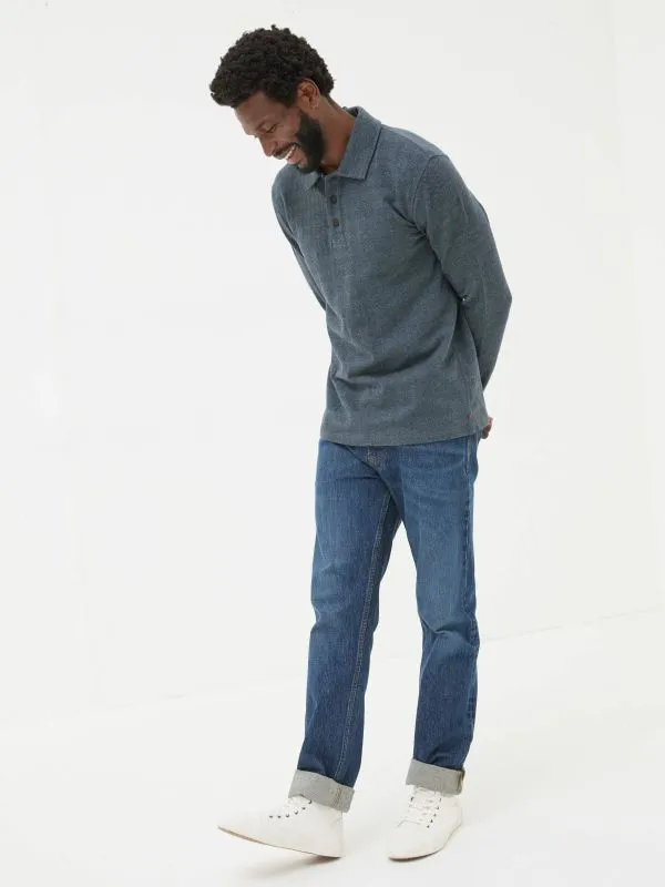 Fat Face Wardrobe Staples Men Navy Herringbone Long Sleeve Polo Shirt