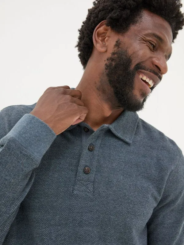 Fat Face Wardrobe Staples Men Navy Herringbone Long Sleeve Polo Shirt