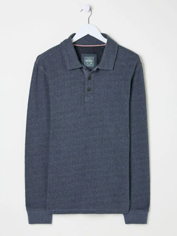 Fat Face Wardrobe Staples Men Navy Herringbone Long Sleeve Polo Shirt