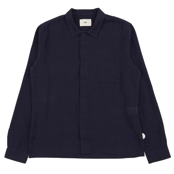 Folk Clothing Shirts Patch Shirt 8211 Navy Open Weave Check 8211 Mens