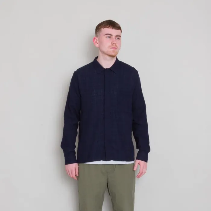 Folk Clothing Shirts Patch Shirt 8211 Navy Open Weave Check 8211 Mens