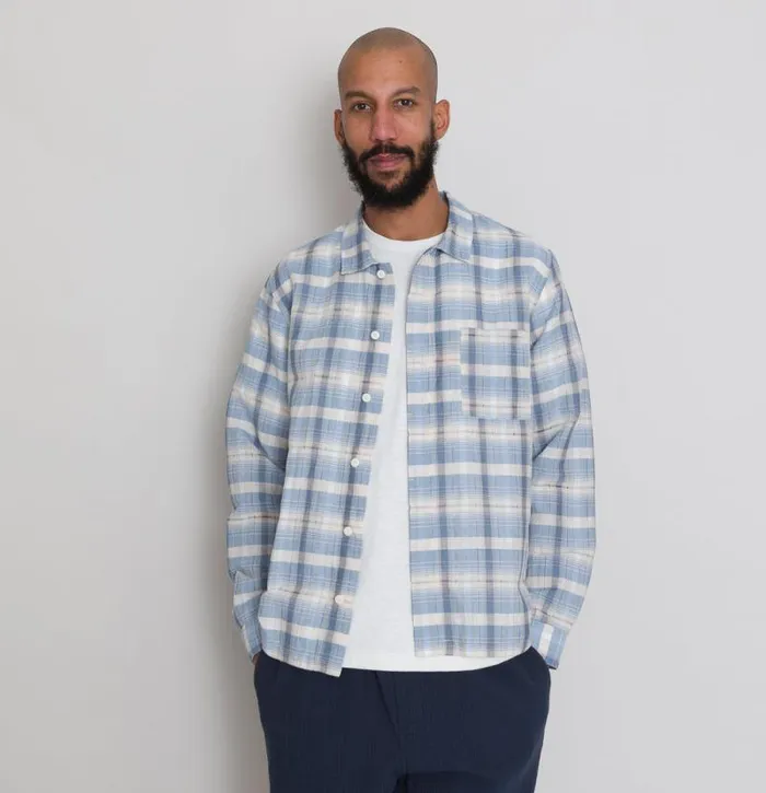 Folk Clothing Shirts Patch Shirt 8211 Soft Blue Open Check 8211 Mens