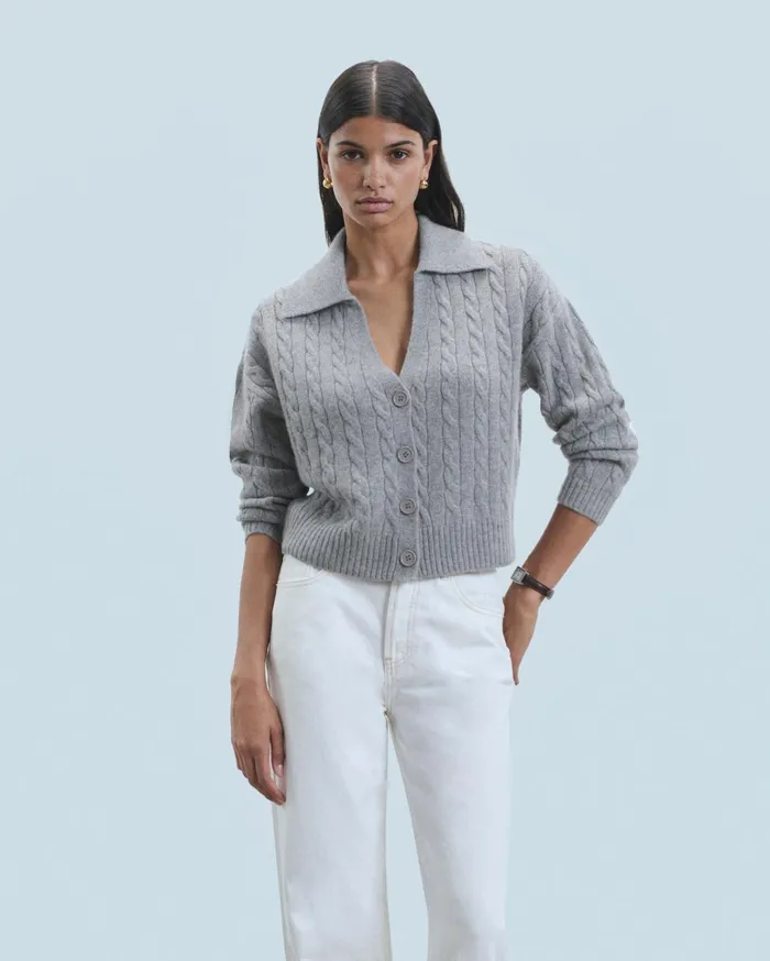From Future Cashmere Cardigans Women Ribbed Cardigan Sweater Dark Heather Gray