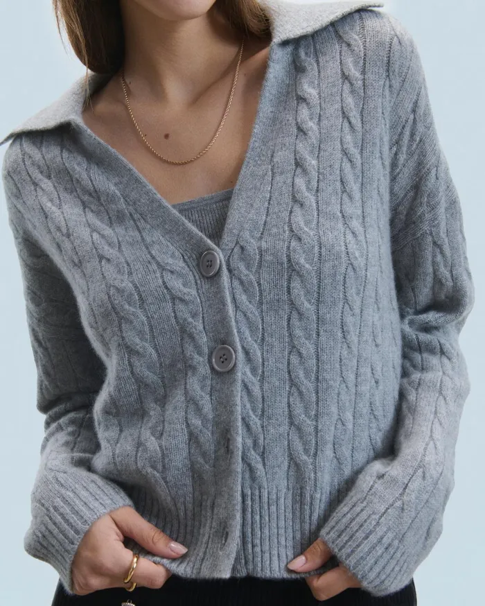 From Future Cashmere Cardigans Women Ribbed Cardigan Sweater Dark Heather Gray