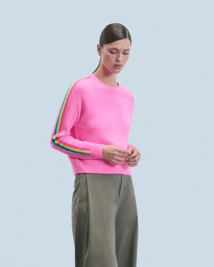 From Future Cashmere Sweaters Women Crewneck Sweater With MultiColored Bands Dreamy Pink