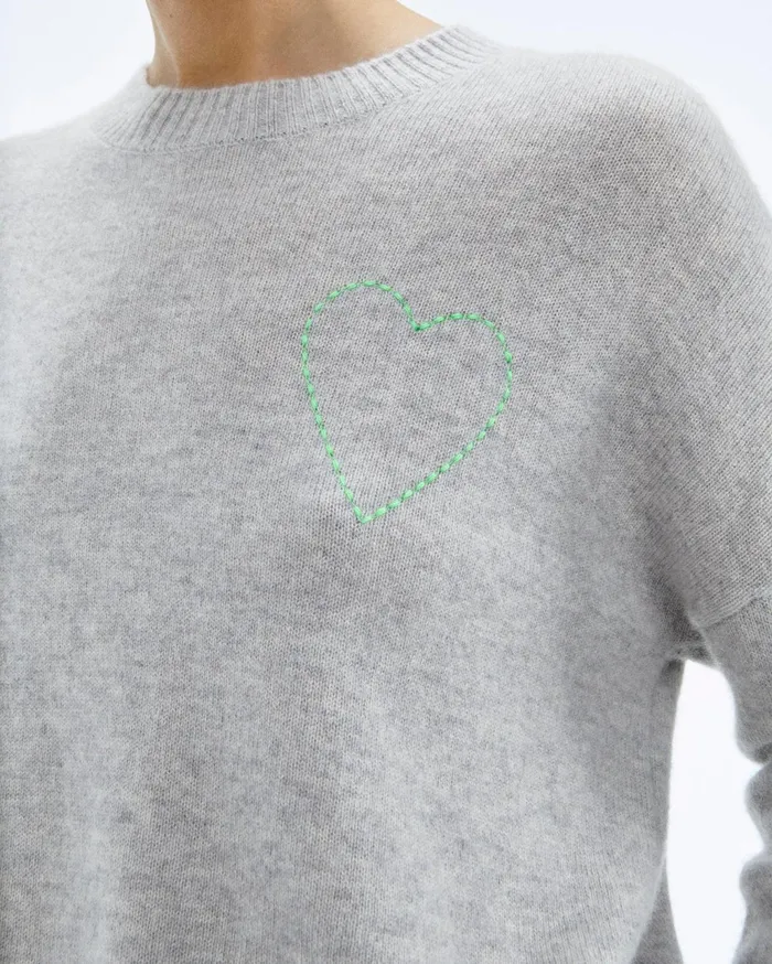 From Future Cashmere Sweaters Women Embroidered Heart Crewneck Sweater Light Heather Gray