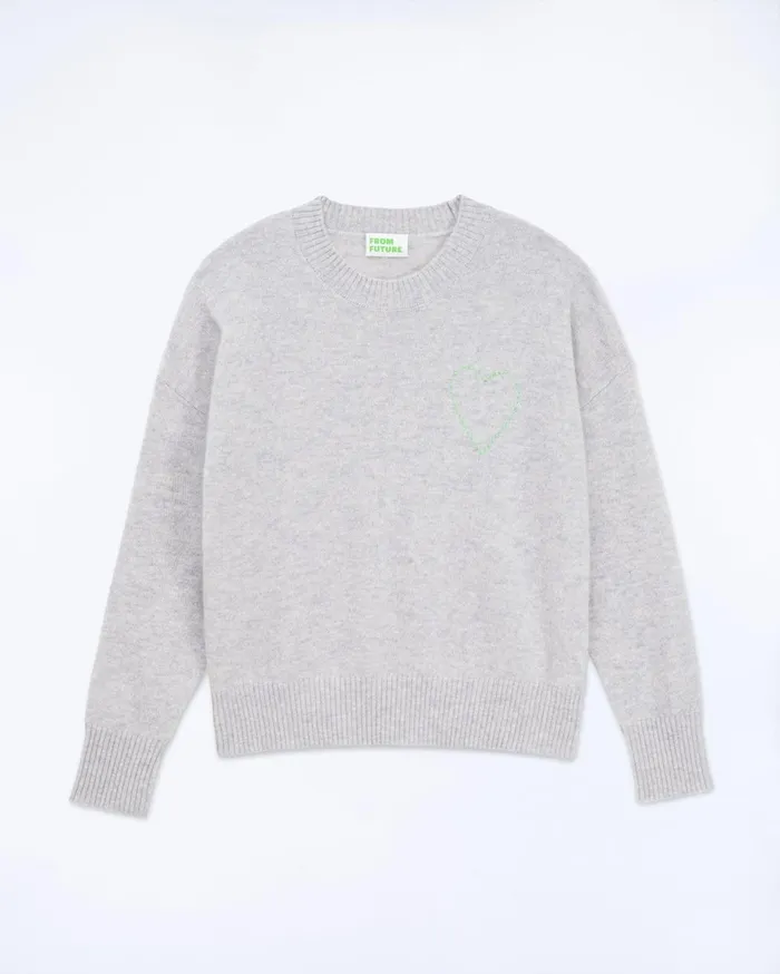 From Future Cashmere Sweaters Women Embroidered Heart Crewneck Sweater Light Heather Gray