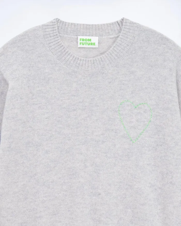 From Future Cashmere Sweaters Women Embroidered Heart Crewneck Sweater Light Heather Gray