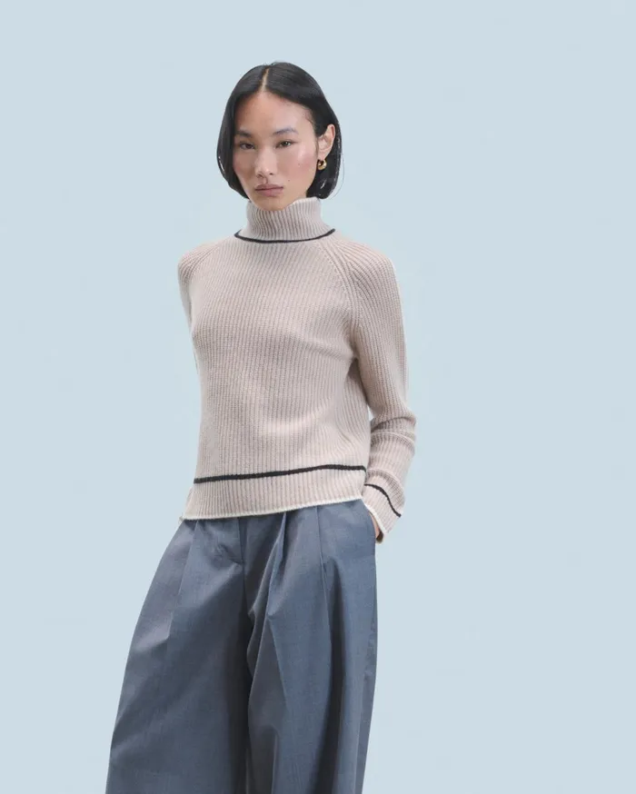 From Future Cashmere Sweaters Women Mock Neck Tricolor Sweater In Textured Knit Iced Sand