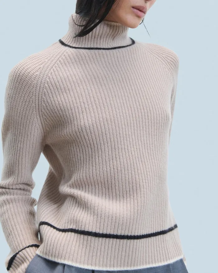 From Future Cashmere Sweaters Women Mock Neck Tricolor Sweater In Textured Knit Iced Sand