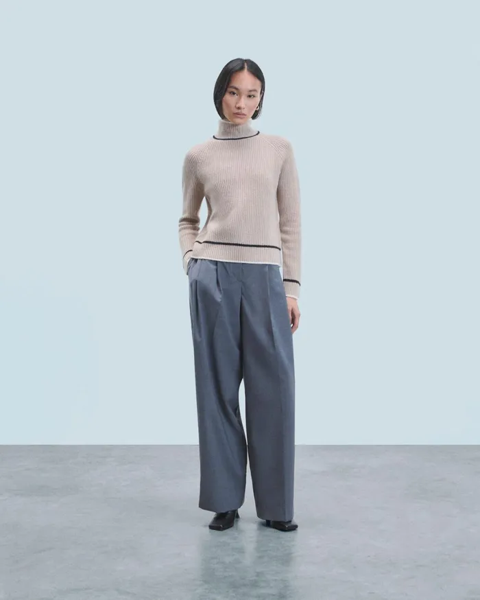 From Future Cashmere Sweaters Women Mock Neck Tricolor Sweater In Textured Knit Iced Sand